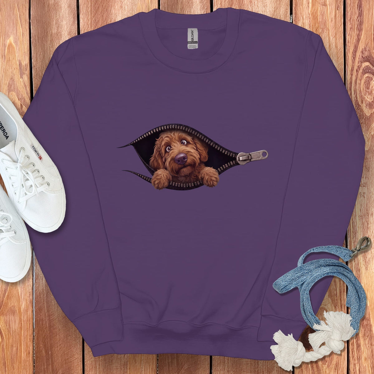 Chocolate Goldendoodle Peeking Zipper Sweatshirt in Purple / S by Puppy Jo