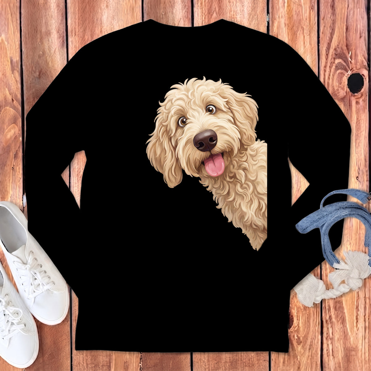 Black long-sleeve shirt with a peeking goldendoodle dog graphic.