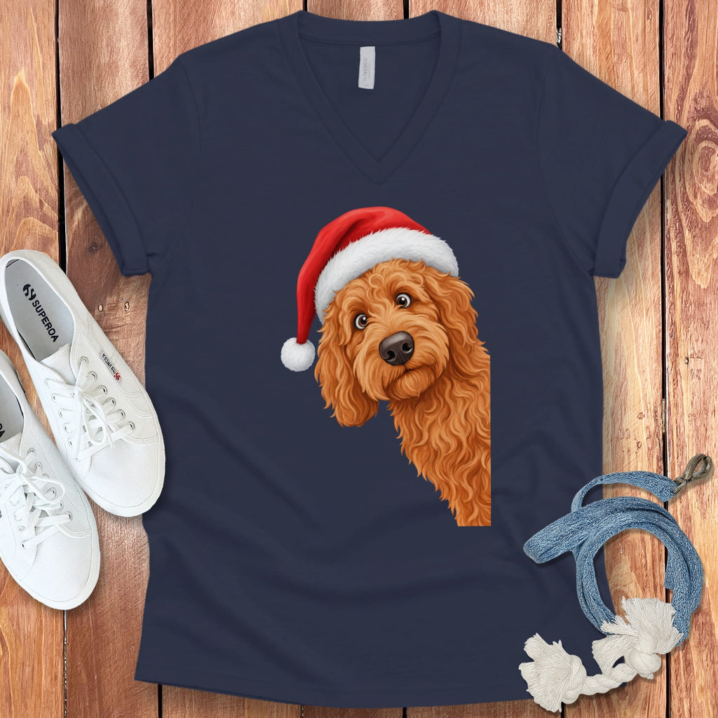 Apricot Goldendoodle Holiday Santa V-Neck T-Shirt in Navy / S by Puppy Jo