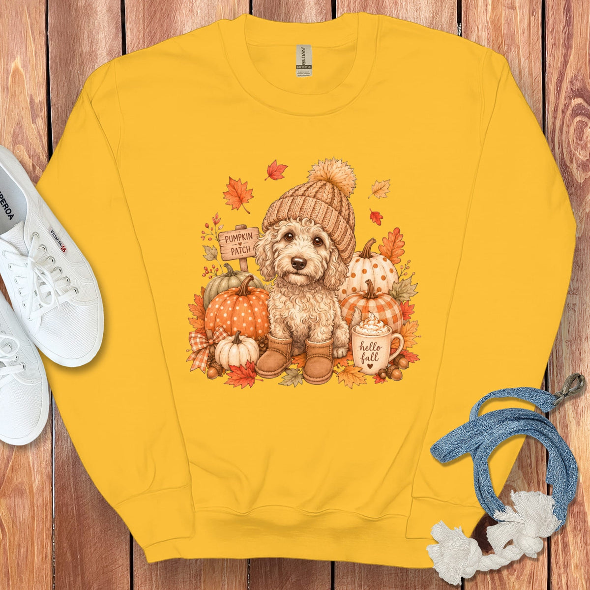 Cream Goldendoodle Pumpkin Patch Sweatshirt in Gold / S by Puppy Jo