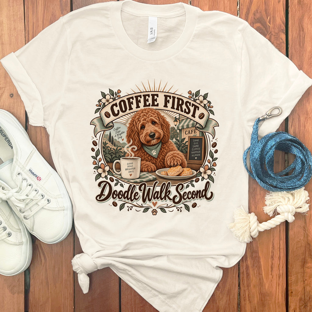 Cream t-shirt with "Coffee First Doodle Walk Second" graphic featuring a dog and coffee.
