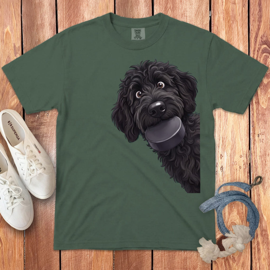 Black Goldendoodle Hockey Puck Signature T-Shirt in Blue Spruce / S by Puppy Jo