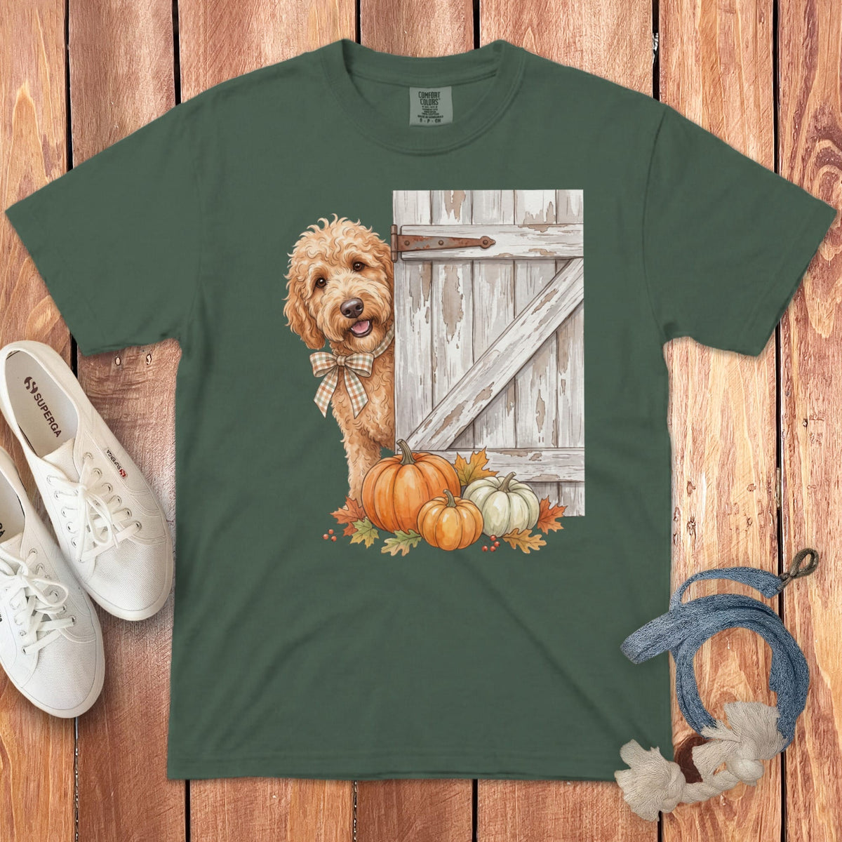 Goldendoodle peeking from behind barn door with pumpkins and autumn leaves.
