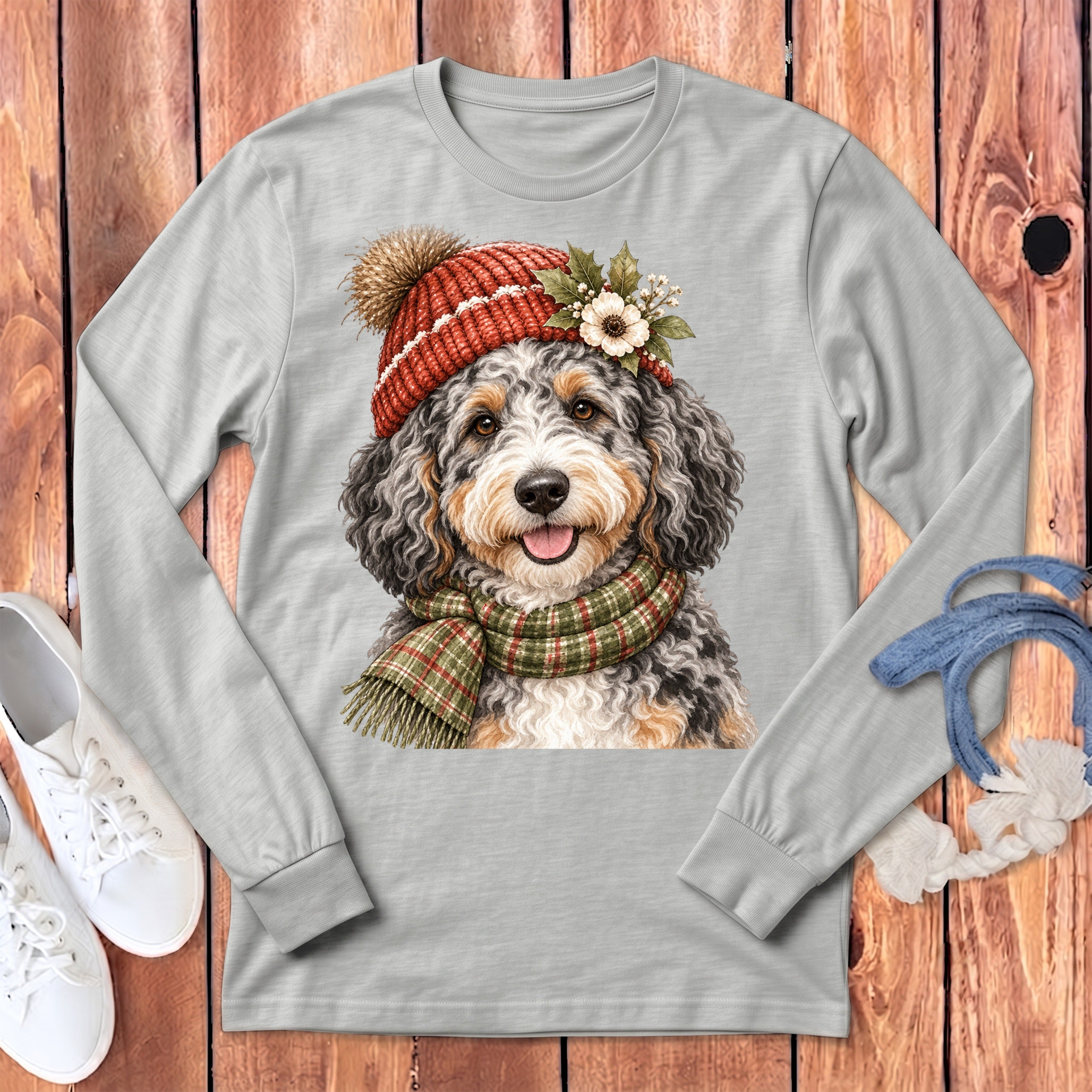 Light grey long-sleeve shirt with a watercolor Bernedoodle dog wearing a beanie and scarf.