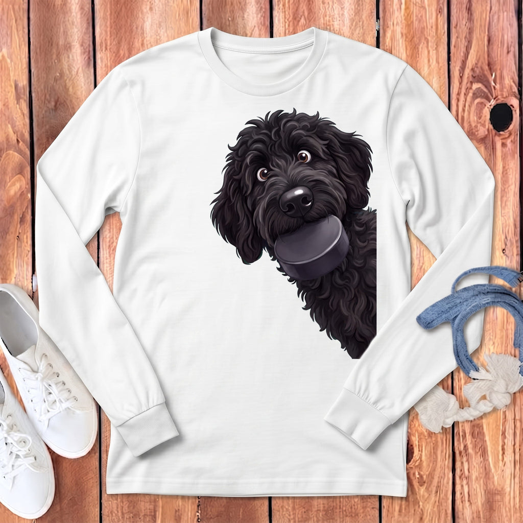 Black Goldendoodle Hockey Puck Long Sleeve T-Shirt in White / S by Puppy Jo