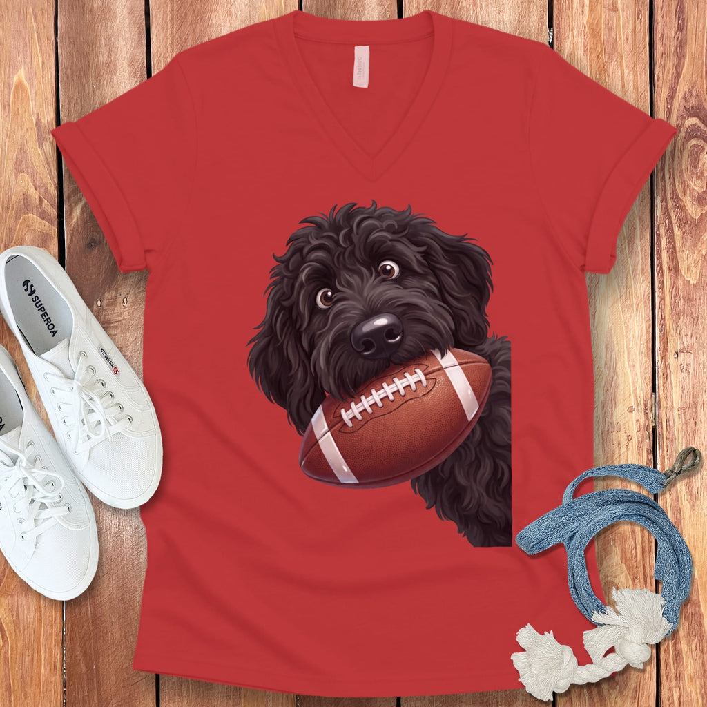Black Goldendoodle Football V-Neck T-Shirt in Red / S by Puppy Jo
