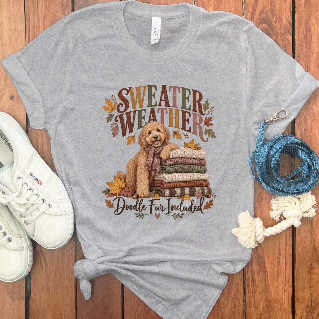 Gray t-shirt with doodle dog, sweaters, and text "Sweater Weather Doodle Fur Included".