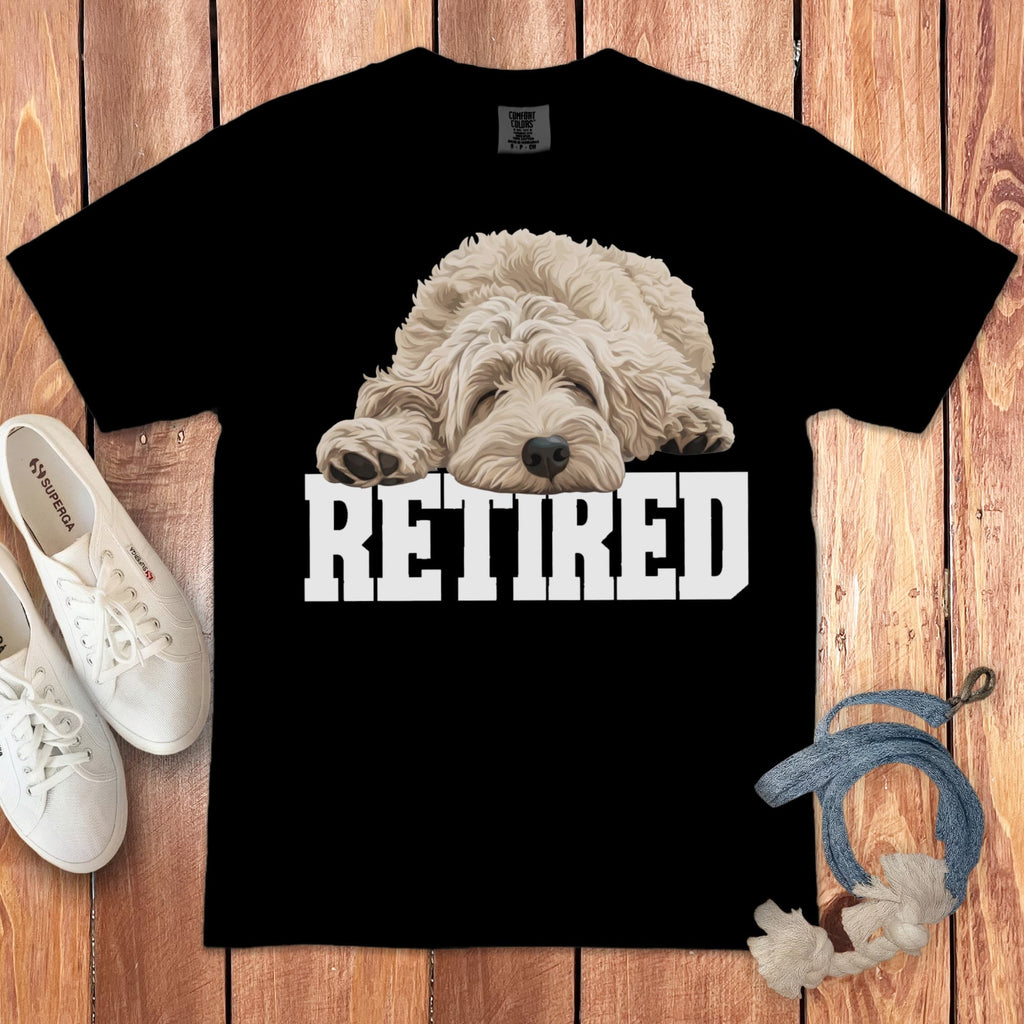 Retired Sleeping Cream Goldendoodle Signature T-Shirt in Black / S by Puppy Jo