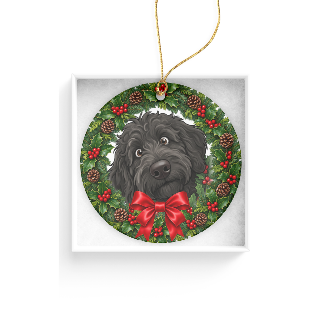 Peeking Holly Black Goldendoodle Ornament