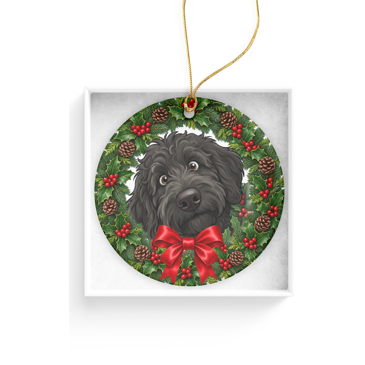 Peeking Holly Black Goldendoodle Ornament