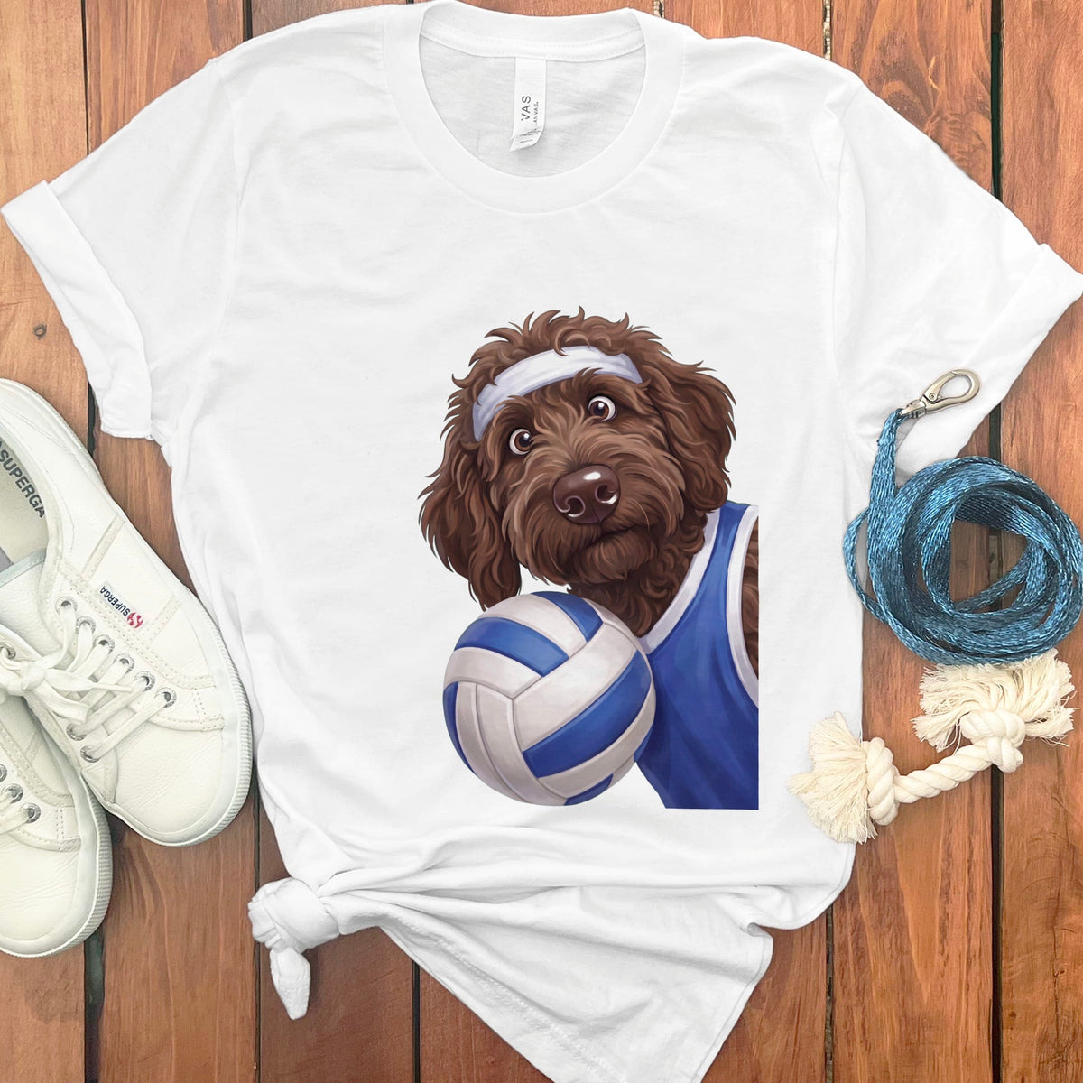 Chocolate Goldendoodle Volleyball Player T-Shirt in White / S by Puppy Jo