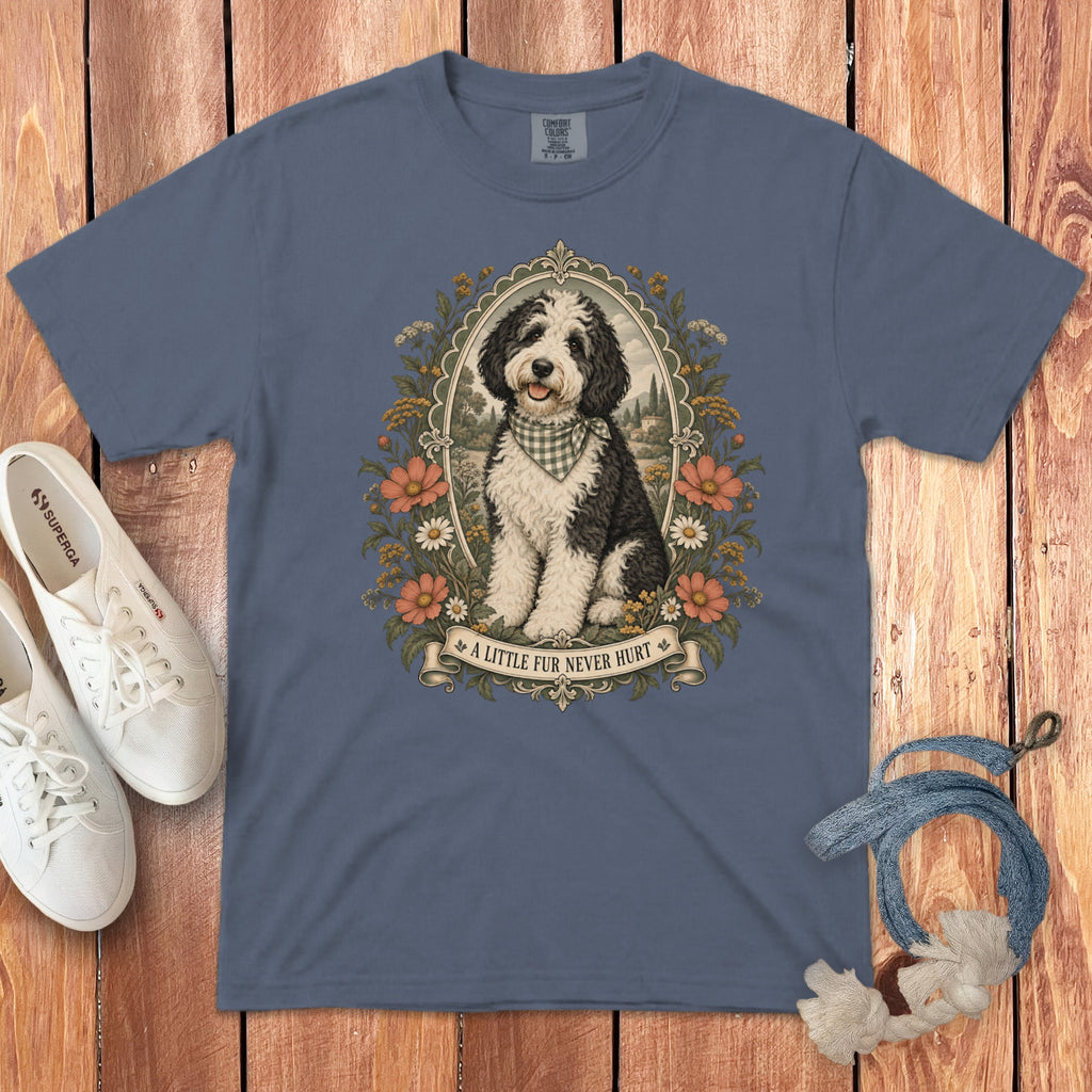 Slate blue crewneck t-shirt featuring a vintage framed graphic of a black and white dog with flowers.