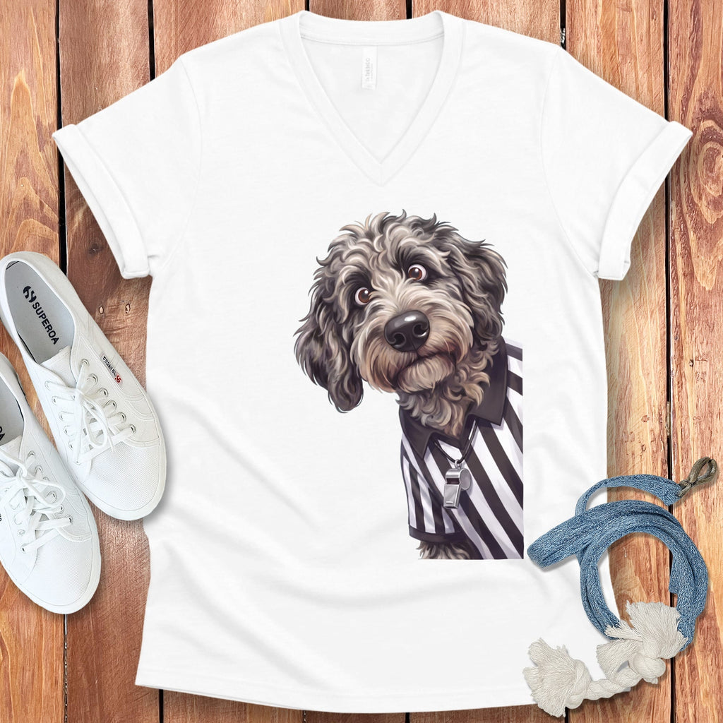 Merle Goldendoodle Football Referee V-Neck T-Shirt in White / S by Puppy Jo