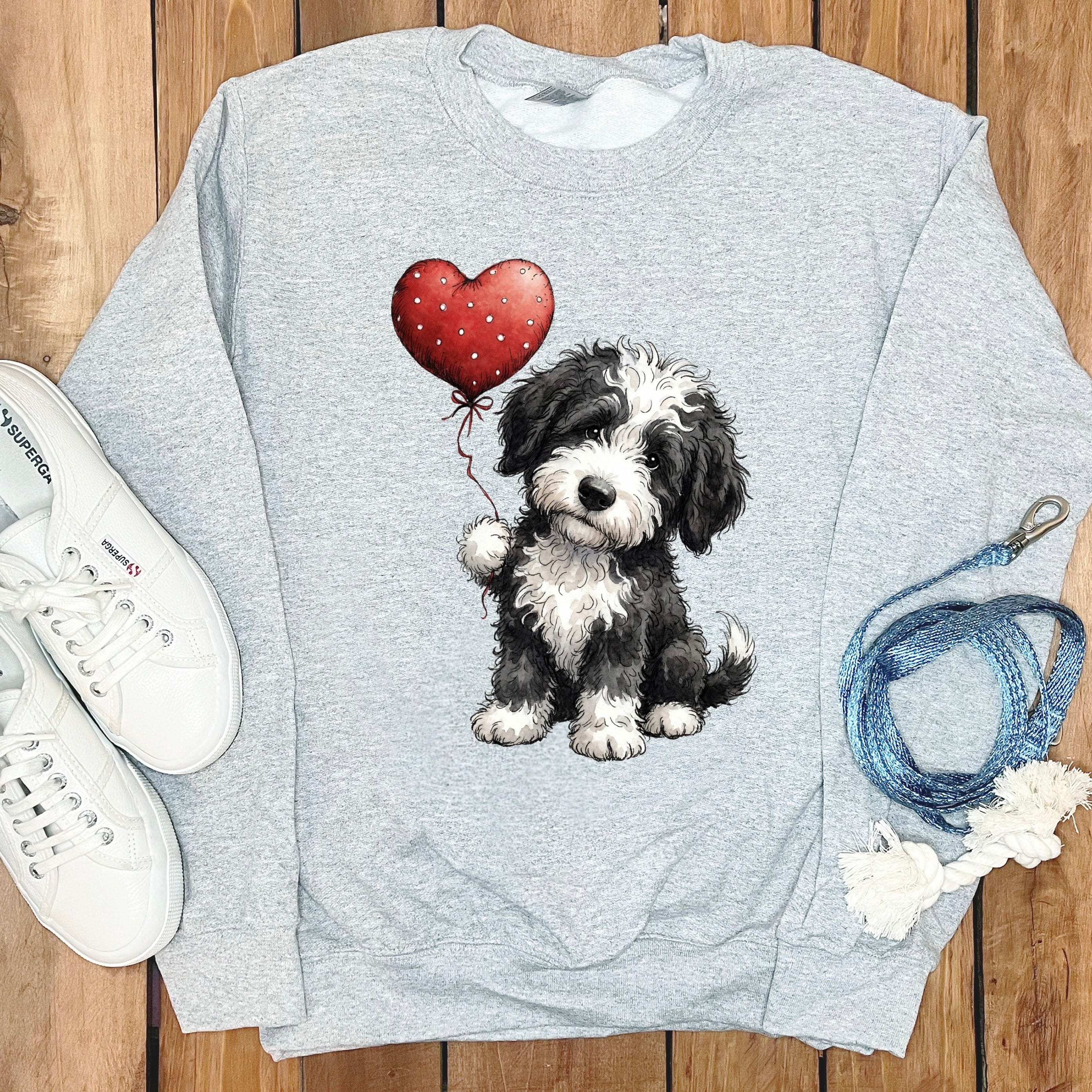 Adorable Puppy with Red Heart Balloon Sweatshirt