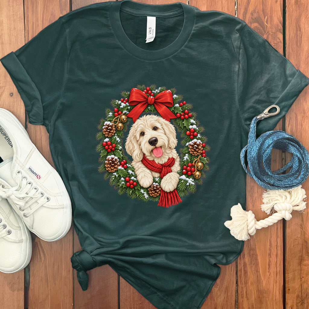 Dark green crewneck t-shirt featuring a Golden Retriever puppy framed inside a festive Christmas wreath with a red bow.