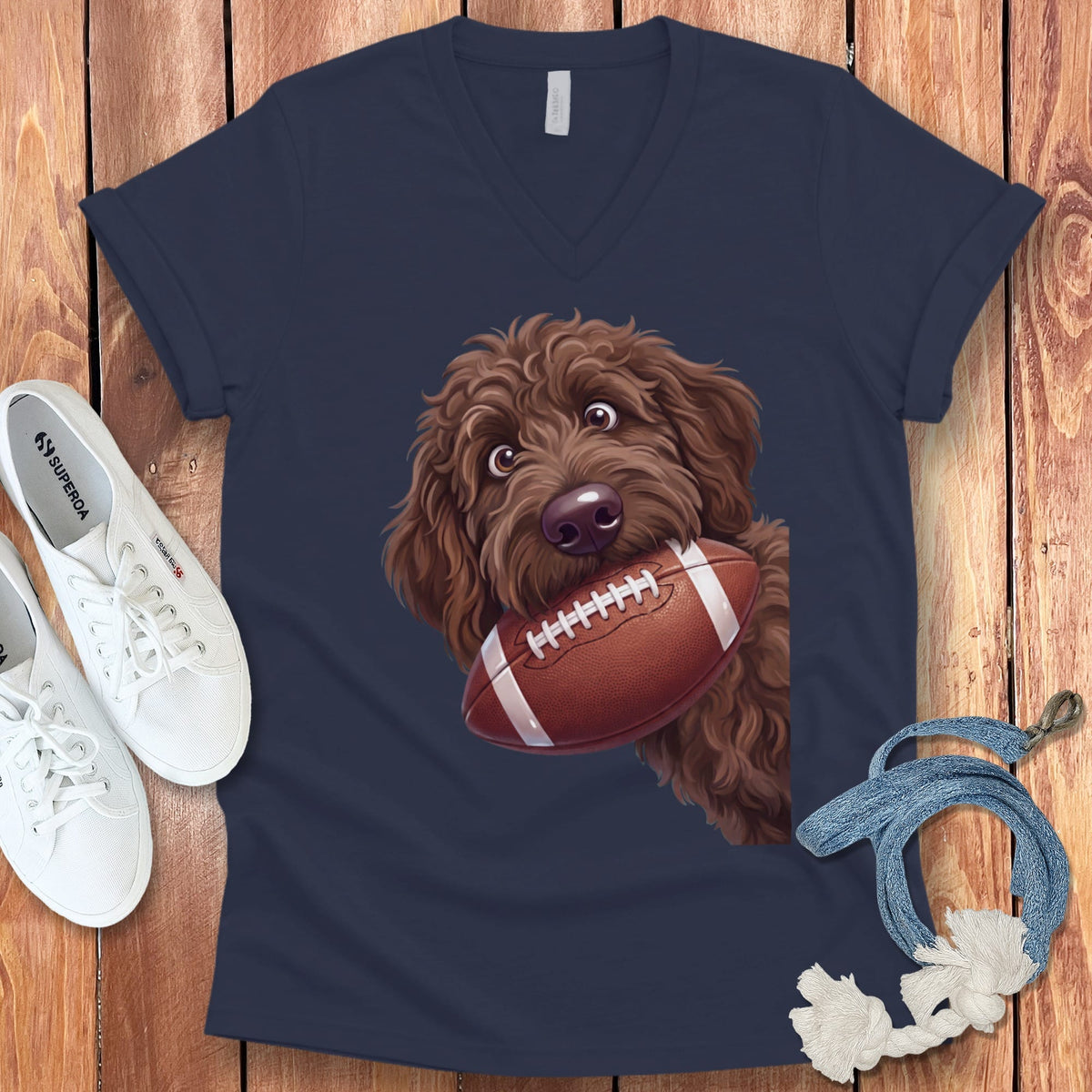 Chocolate Goldendoodle Football V-Neck T-Shirt in Navy / S by Puppy Jo