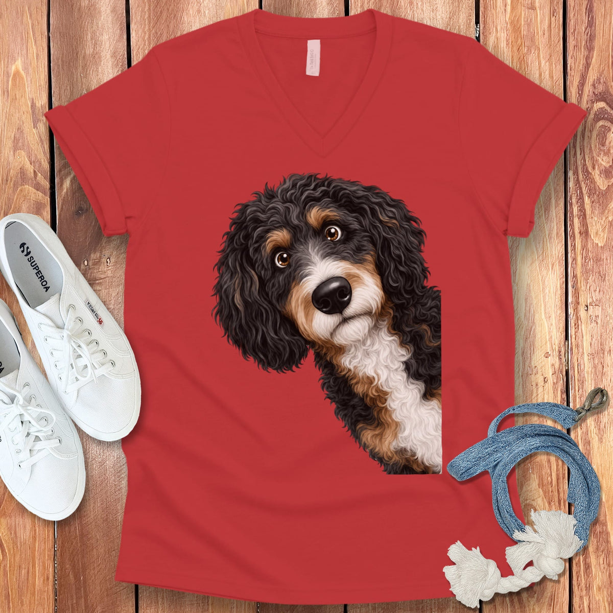 Funny Peeking Bernedoodle V-Neck T-Shirt in Red / S by Puppy Jo