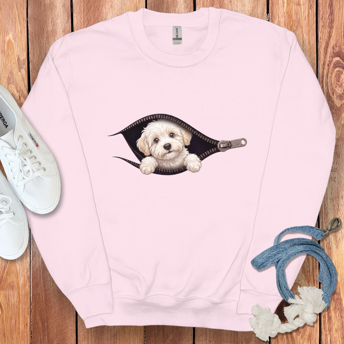 Maltipoo Peeking Zipper Sweatshirt in Light Pink / S by Puppy Jo