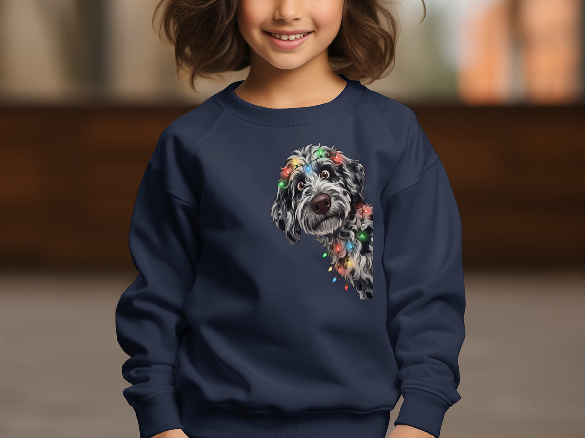 Black and white dog with colorful Christmas lights on a navy sweatshirt.