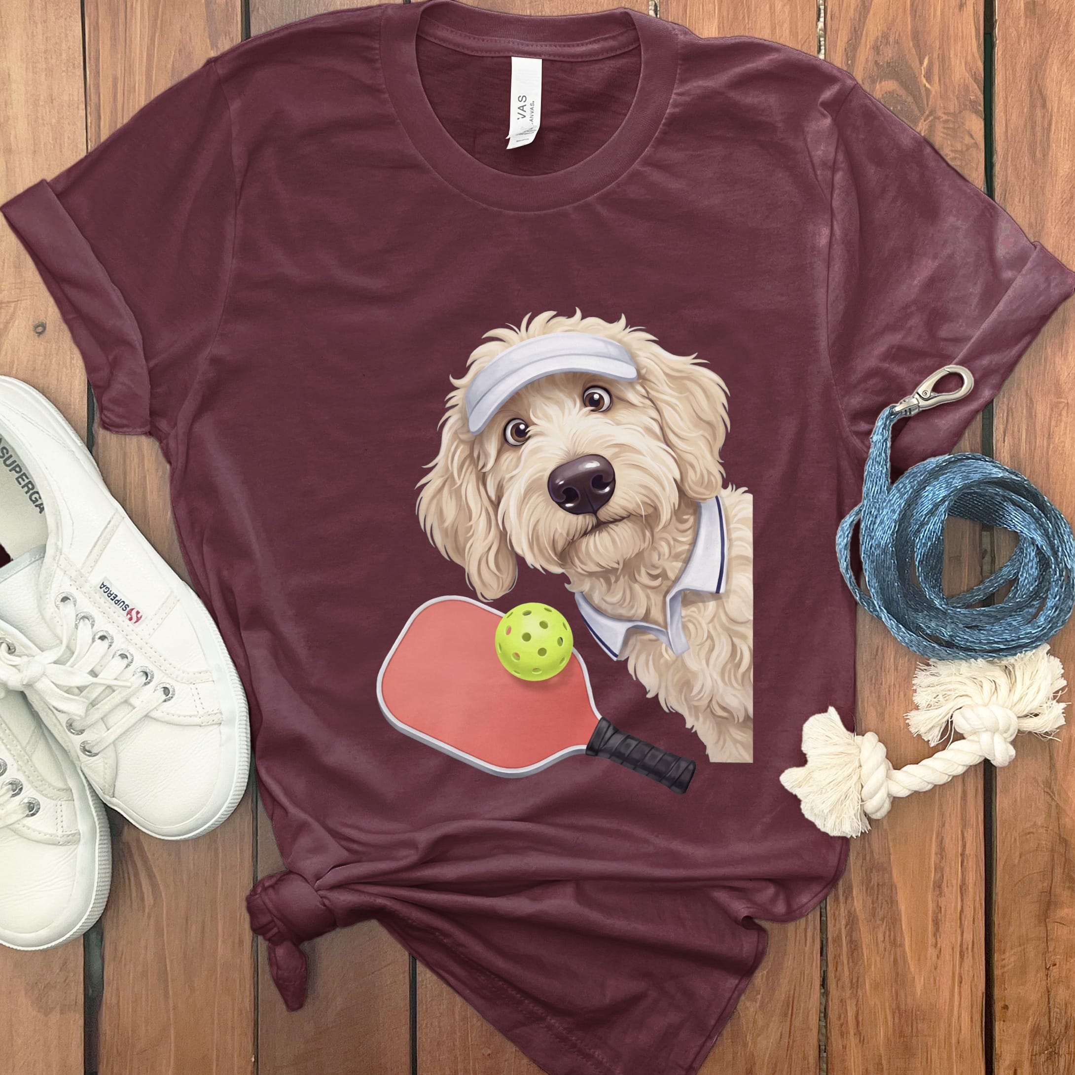 Cream Goldendoodle Pickleball Player T-Shirt in Maroon / S by Puppy Jo