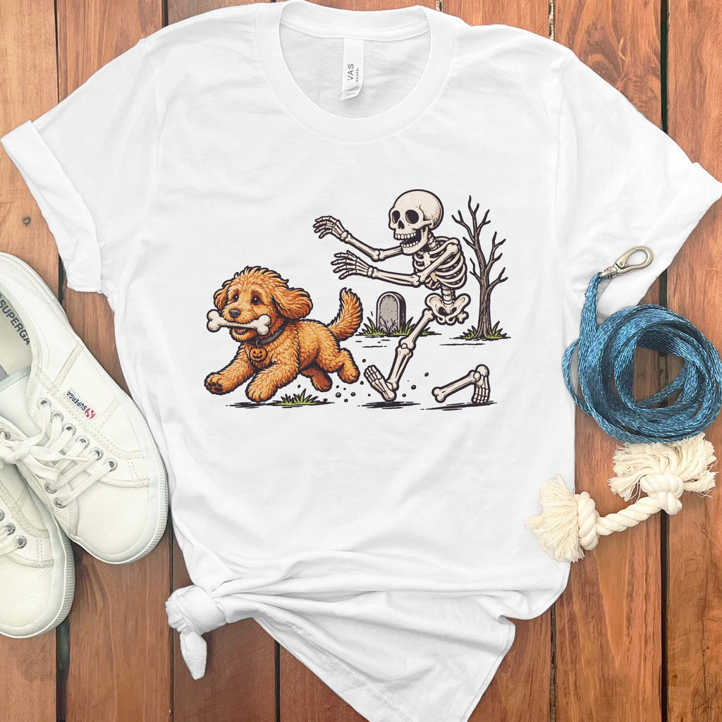 Gold Goldendoodle Bone Thief T-Shirt in White / S by Puppy Jo
