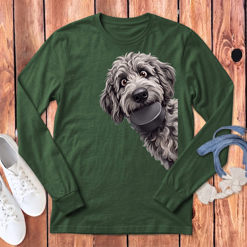 Merle Goldendoodle Hockey Puck Long Sleeve T-Shirt in Heather Forest / S by Puppy Jo