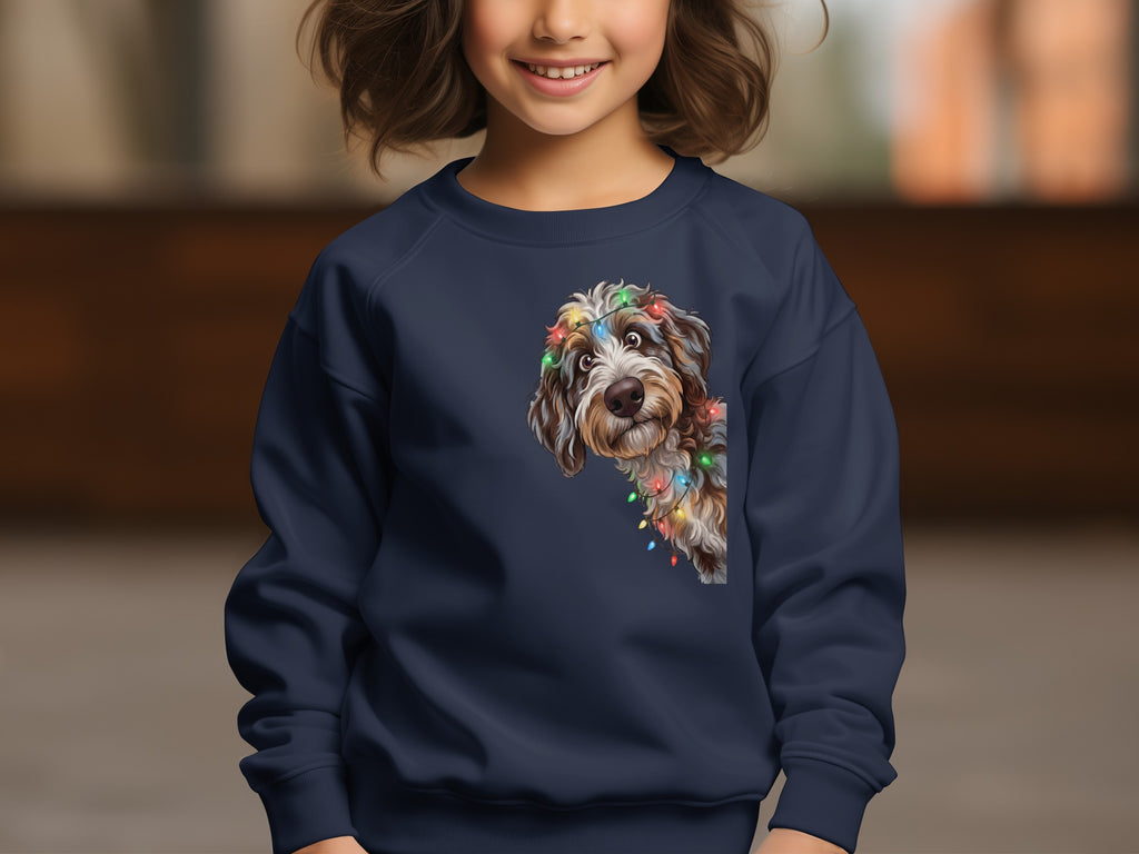 Dog with Christmas lights printed on a navy blue youth sweatshirt.