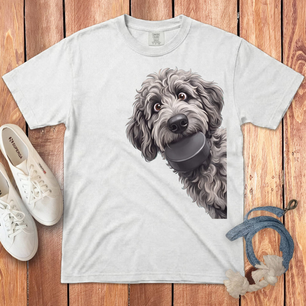 Merle Goldendoodle Hockey Puck Signature T-Shirt in White / S by Puppy Jo
