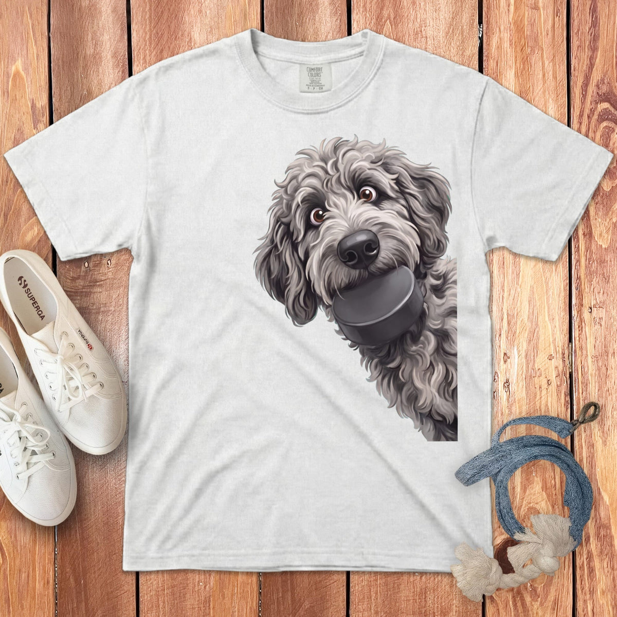 Merle Goldendoodle Hockey Puck Signature T-Shirt in White / S by Puppy Jo