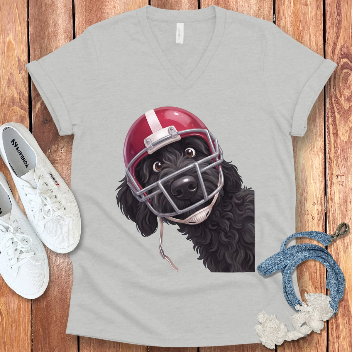 Black Goldendoodle Football Helmet V-Neck T-Shirt in Athletic Heather / S by Puppy Jo