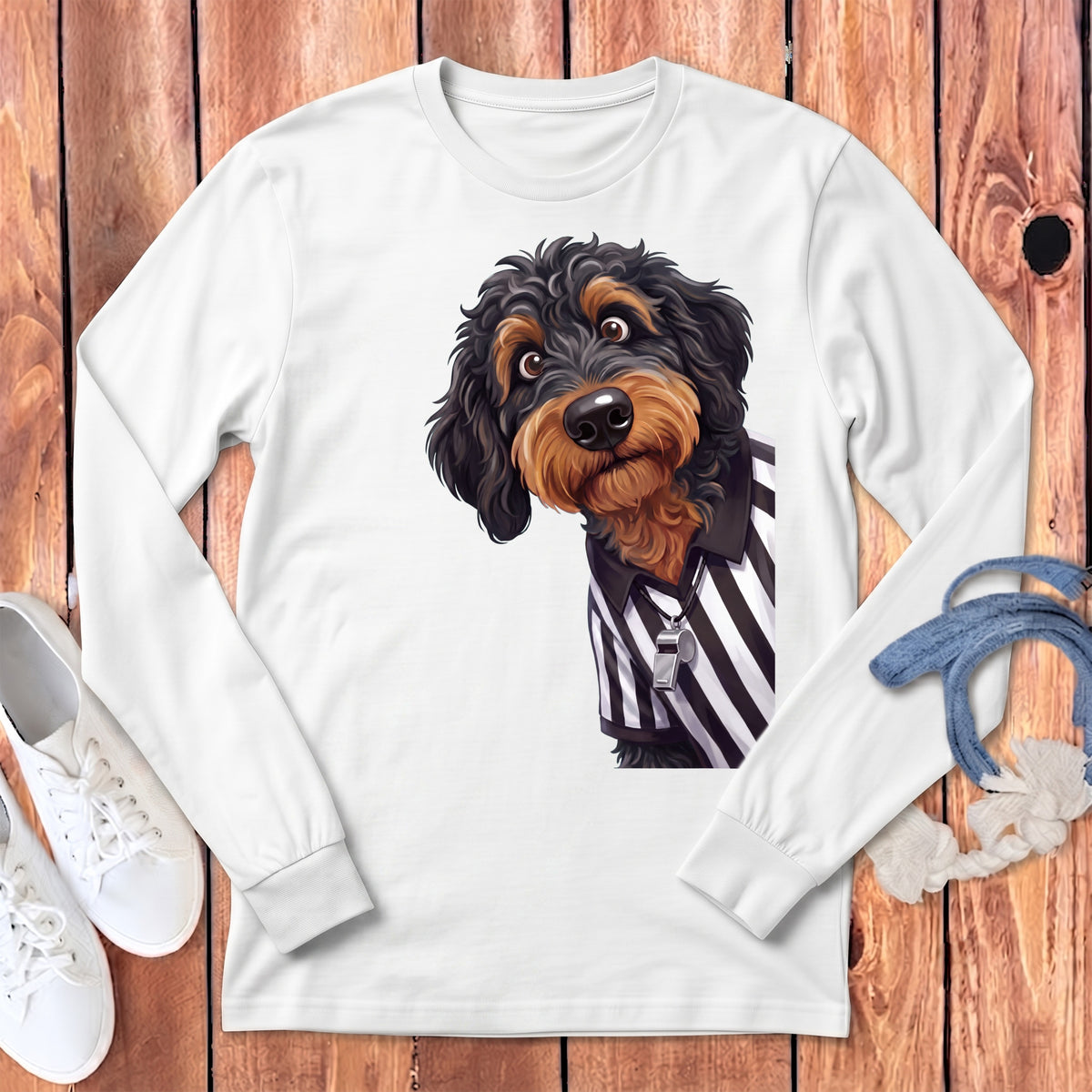 White long-sleeve t-shirt with a cartoon dog in a referee shirt and whistle graphic.
