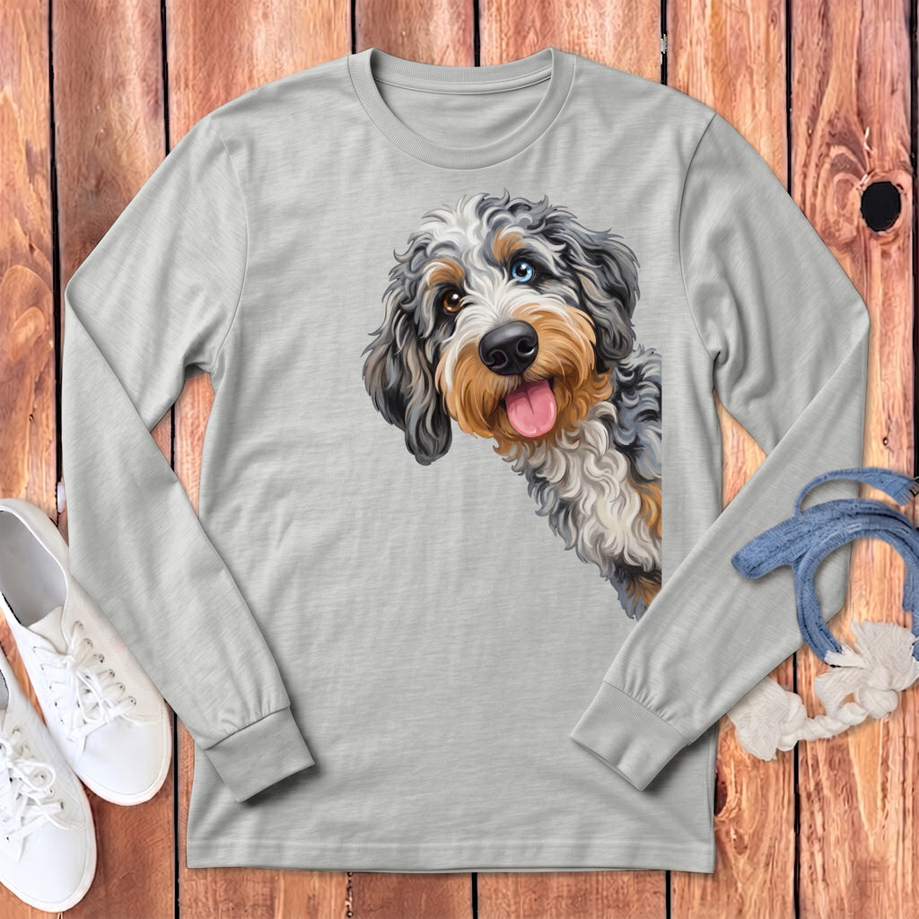 Long sleeve grey t-shirt with a painted doodle dog featuring heterochromia eyes.