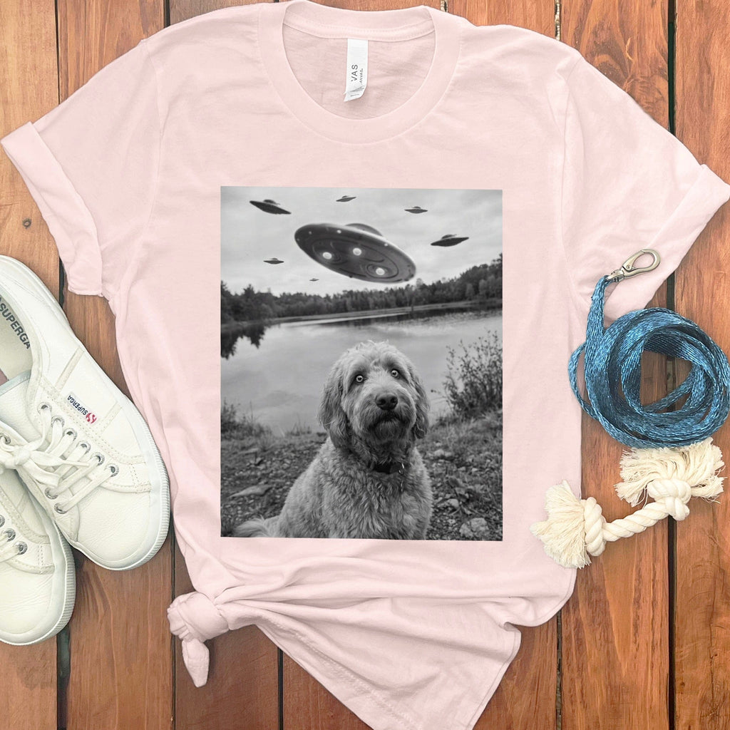 Alien Spaceships Above Dog Near Lake T-shirt