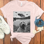 Alien Spaceships Above Dog Near Lake T-shirt