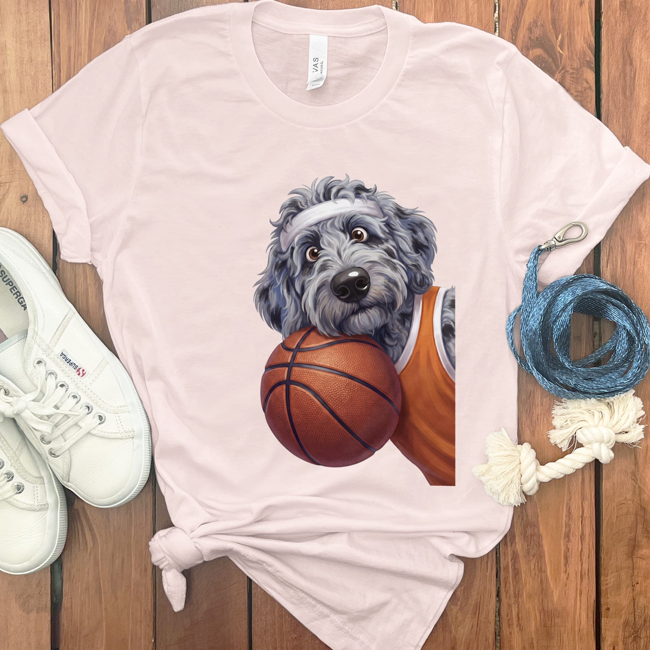 Merle Goldendoodle Basketball Player T-Shirt in Soft Pink / S by Puppy Jo