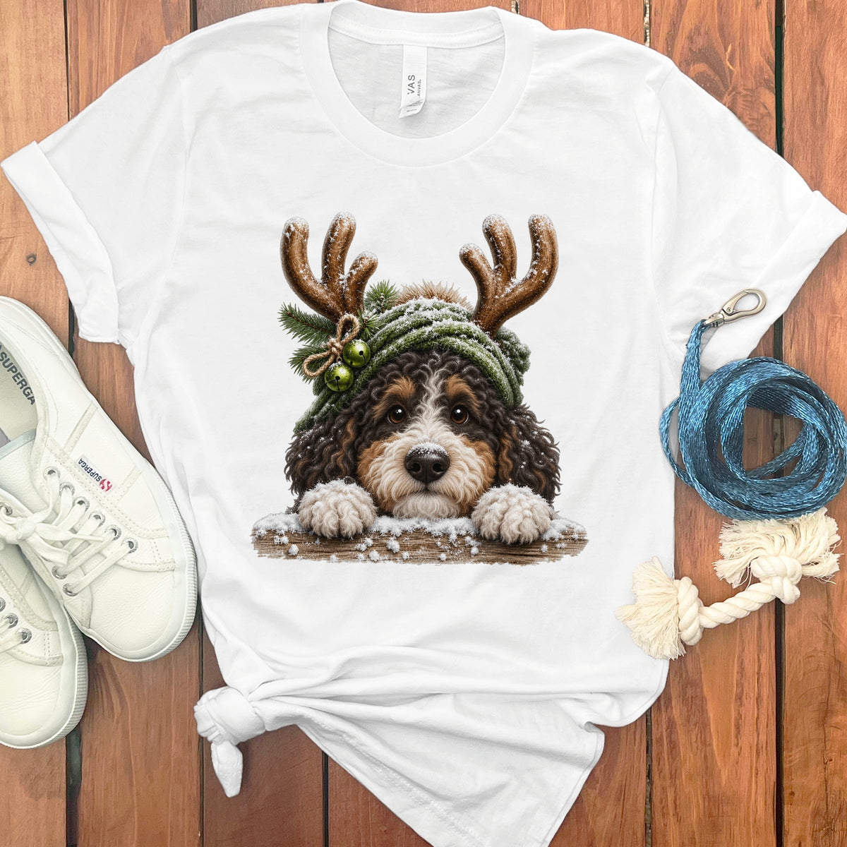 Bernese Mountain Dog wearing a Santa hat and antlers with snow.