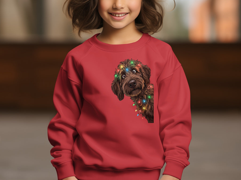 Red sweatshirt with a brown doodle dog wearing colorful Christmas lights.