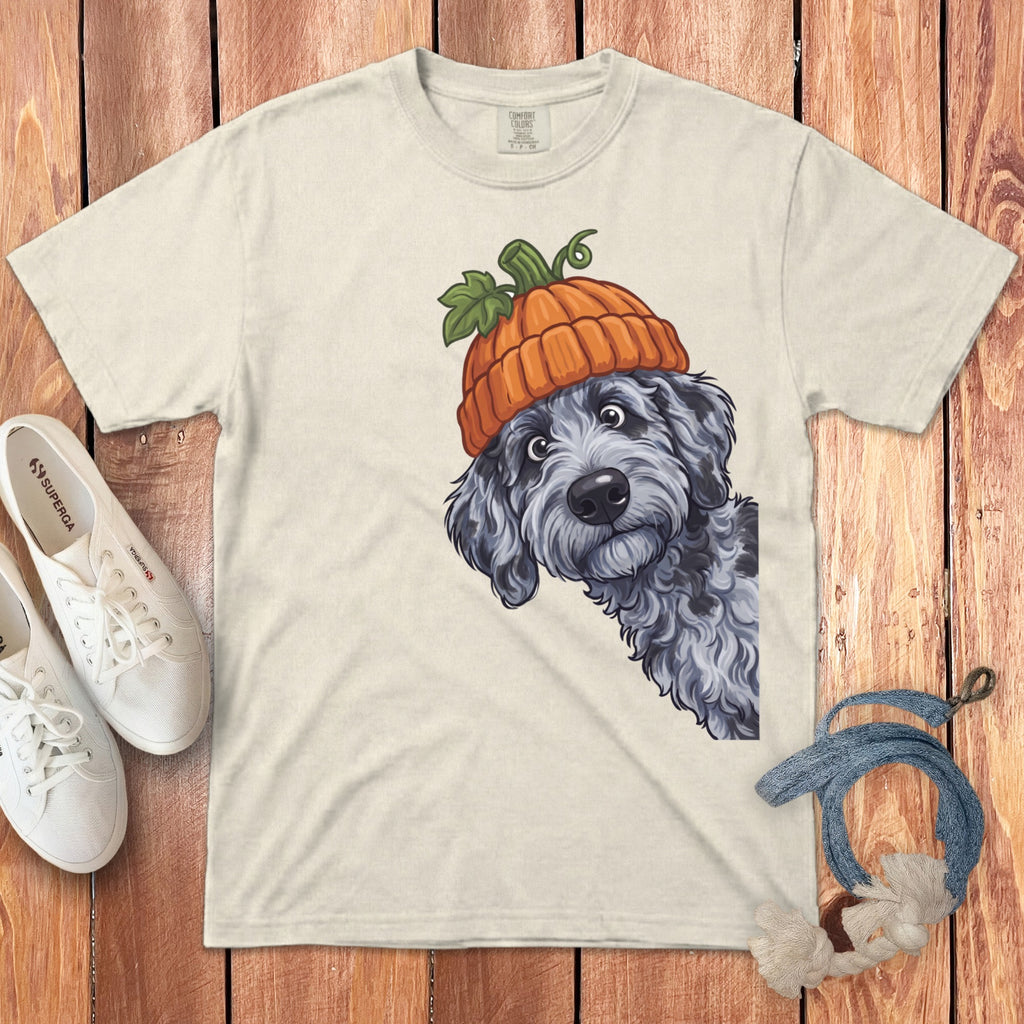 Cream t-shirt with a doodle dog wearing a pumpkin hat graphic.