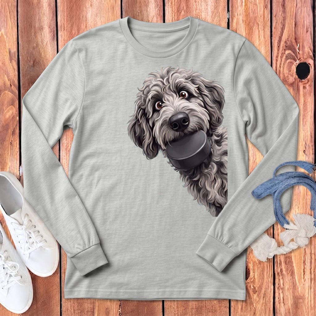 Merle Goldendoodle Hockey Puck Long Sleeve T-Shirt in Athletic Heather / S by Puppy Jo