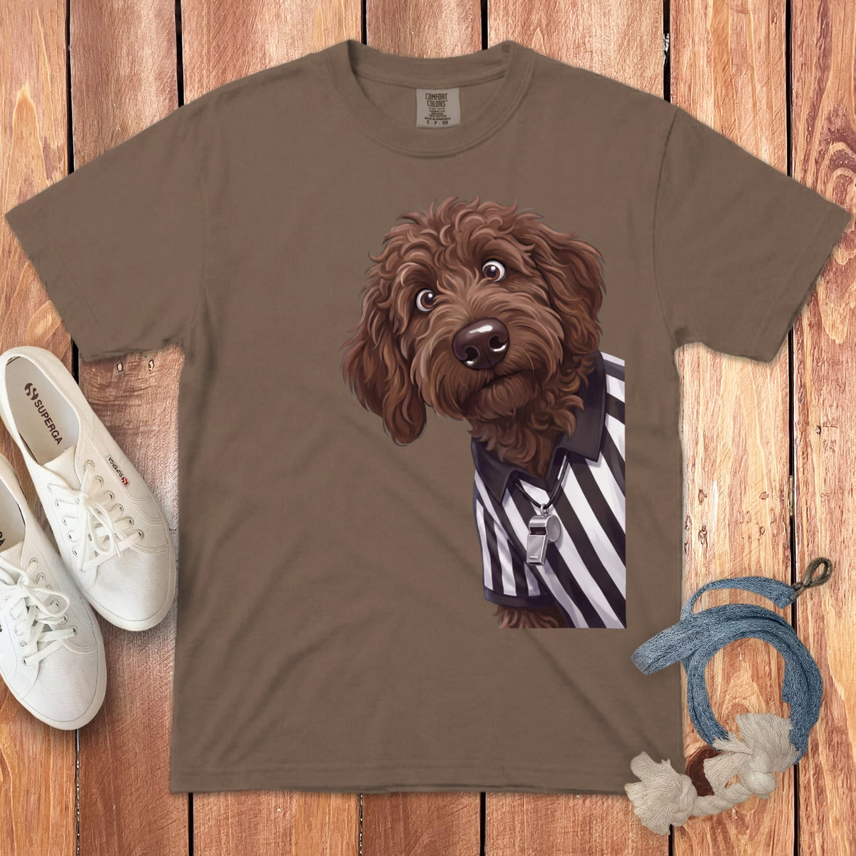 Chocolate Goldendoodle Football Referee Signature T-Shirt in Espresso / S by Puppy Jo
