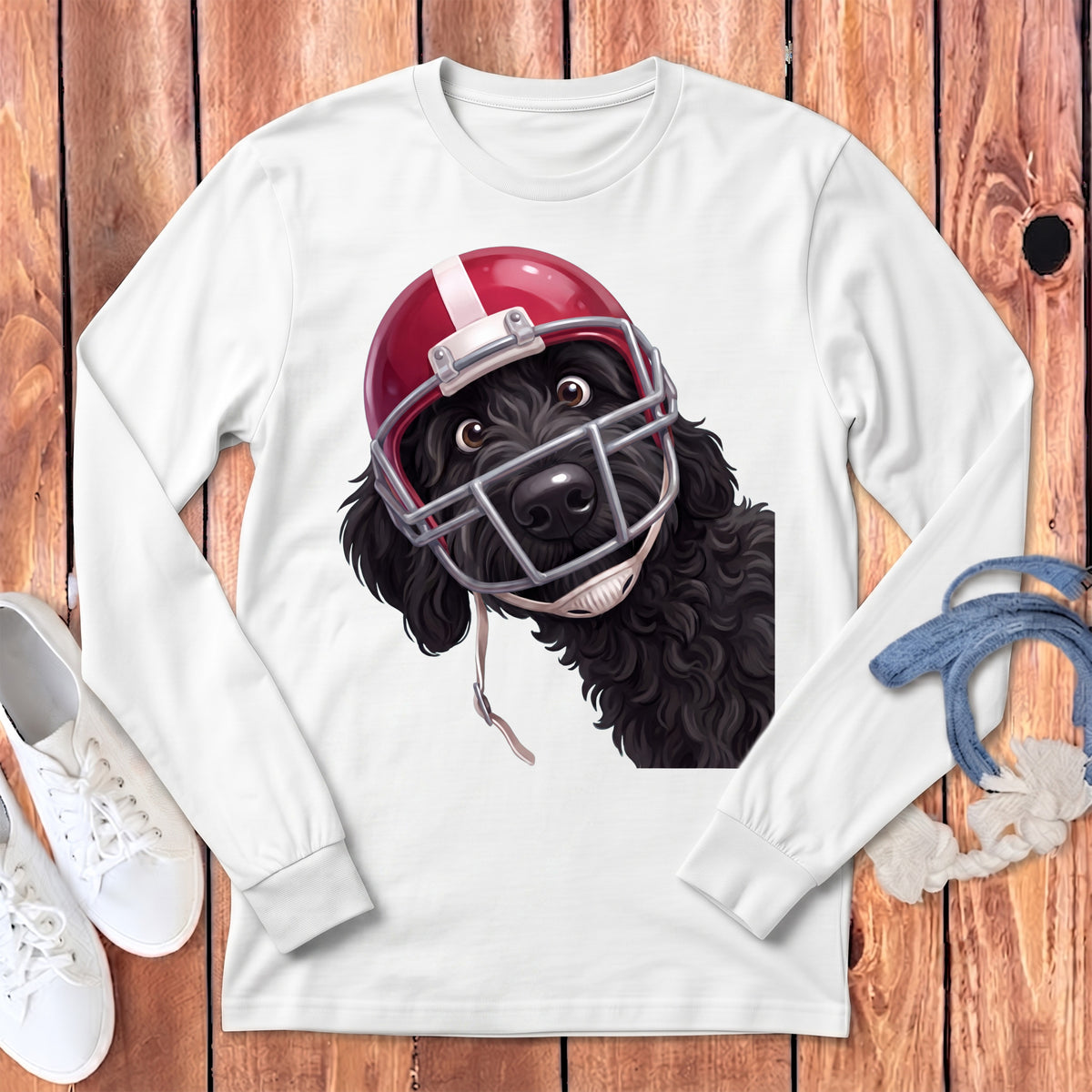 Black doodle dog wearing a red football helmet on a white long-sleeve shirt.