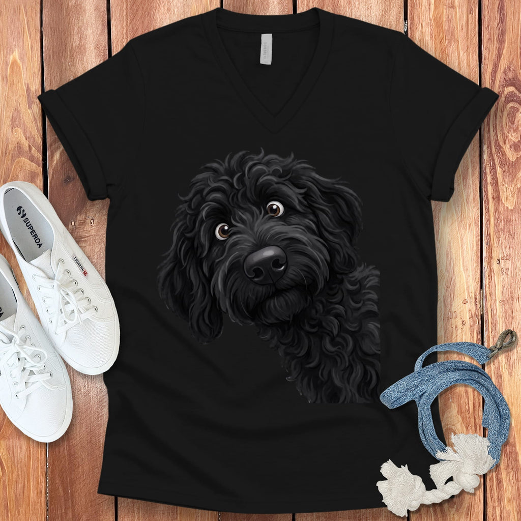 Funny Peeking Black Goldendoodle V-Neck T-Shirt in Black / S by Puppy Jo