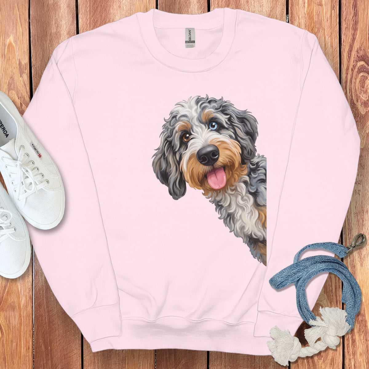 Tongue Out Aussiedoodle Sweatshirt in Light Pink / S by Puppy Jo