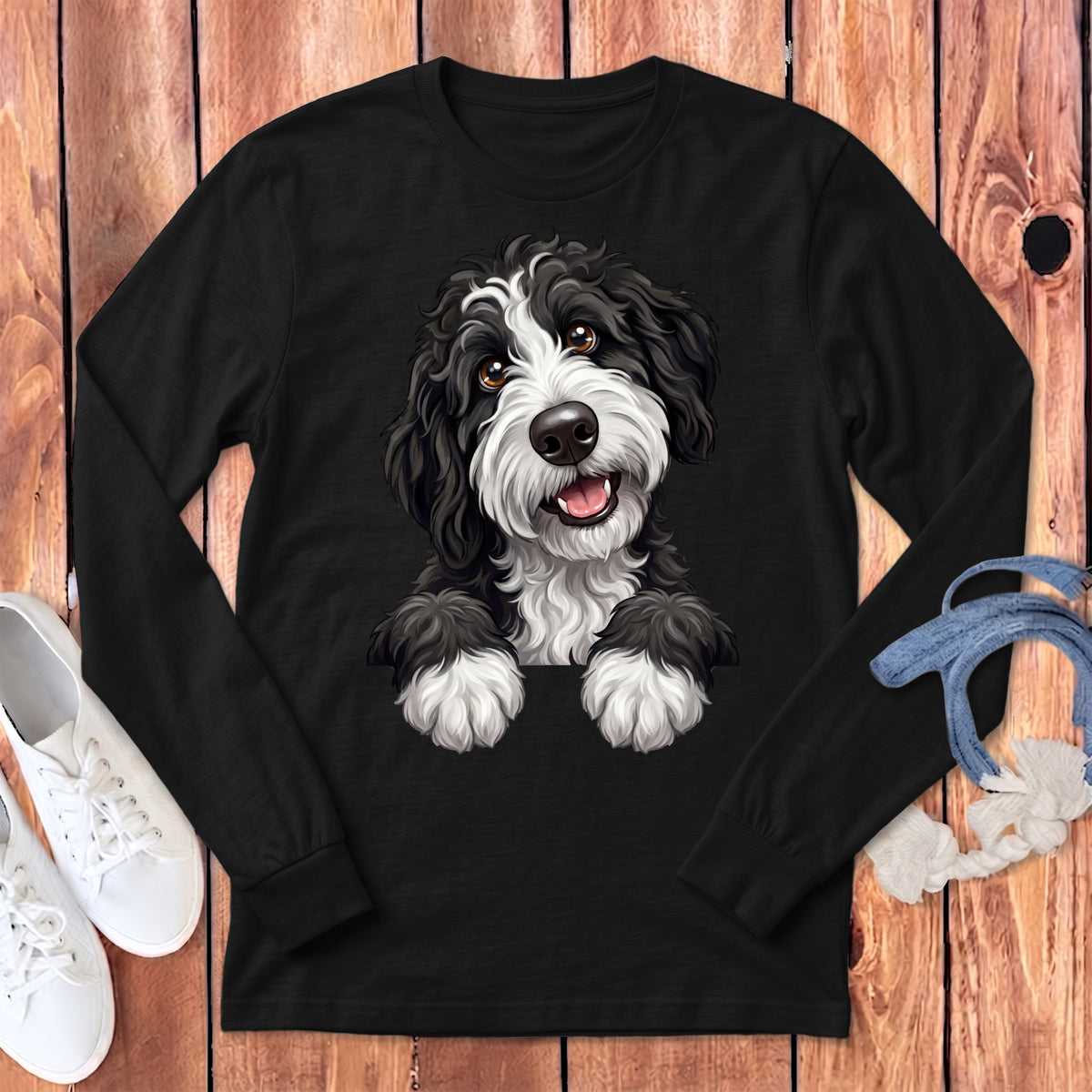 Black long-sleeve shirt with a happy Portuguese Water Dog illustration on the chest.