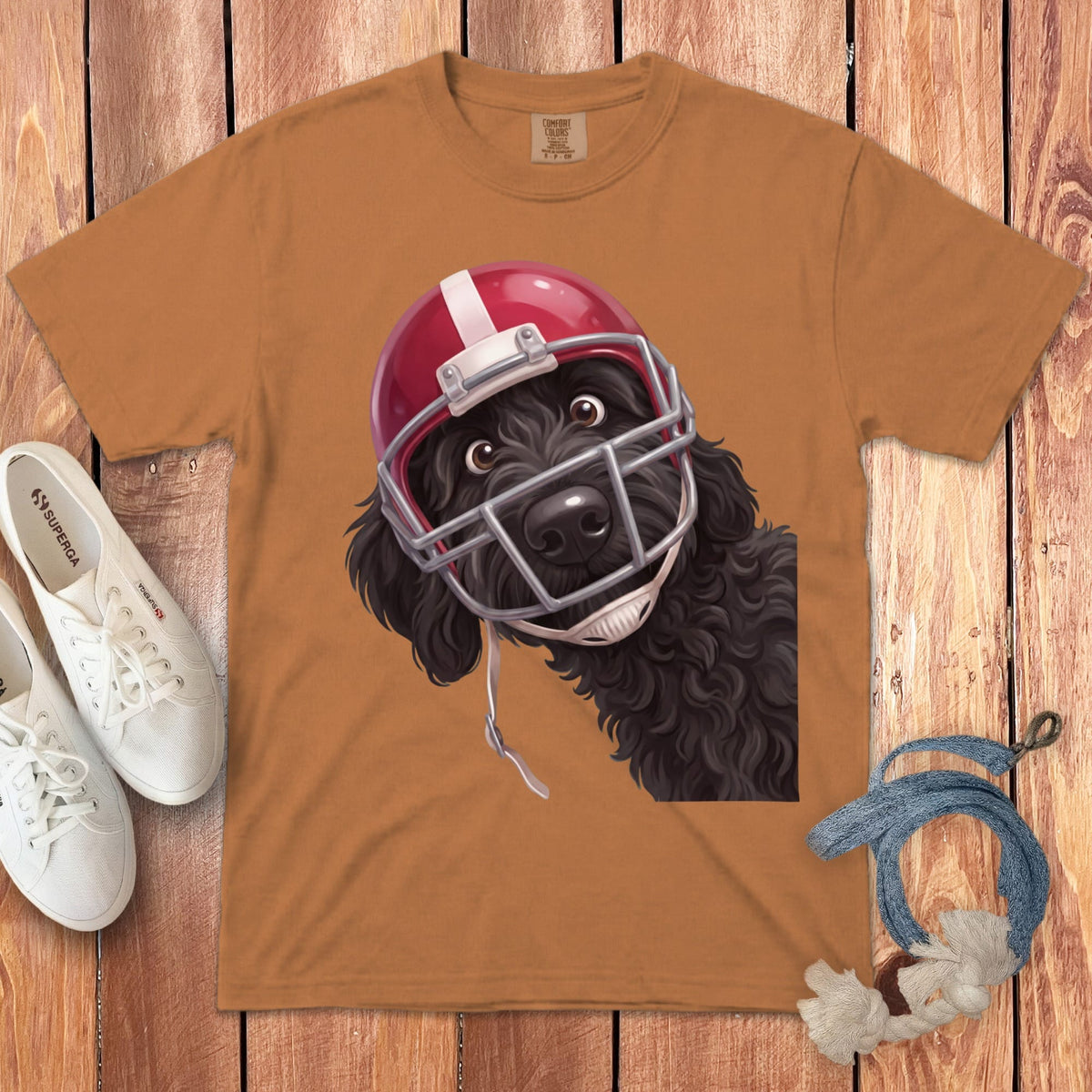 Black Goldendoodle Football Helmet Signature T-Shirt in Yam / S by Puppy Jo