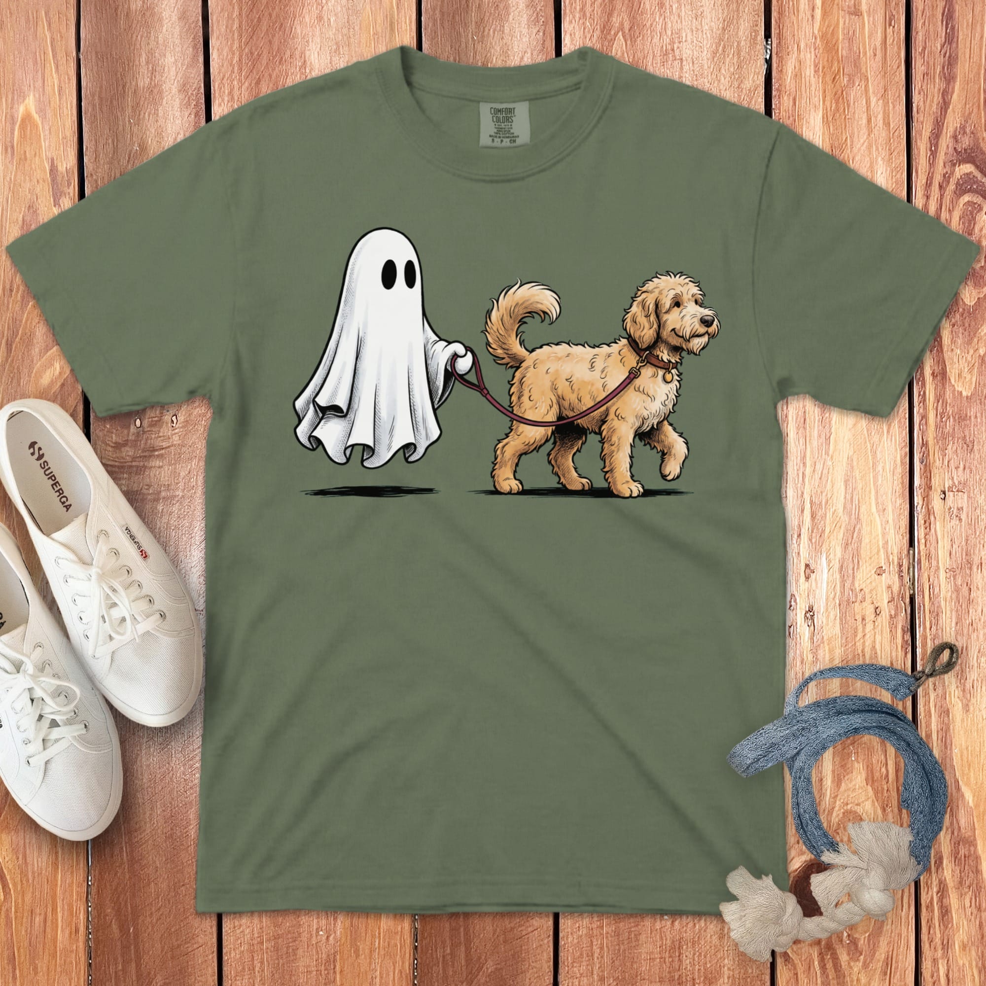 Golden Goldendoodle Ghost Walk Signature T-Shirt in Moss / S by Puppy Jo