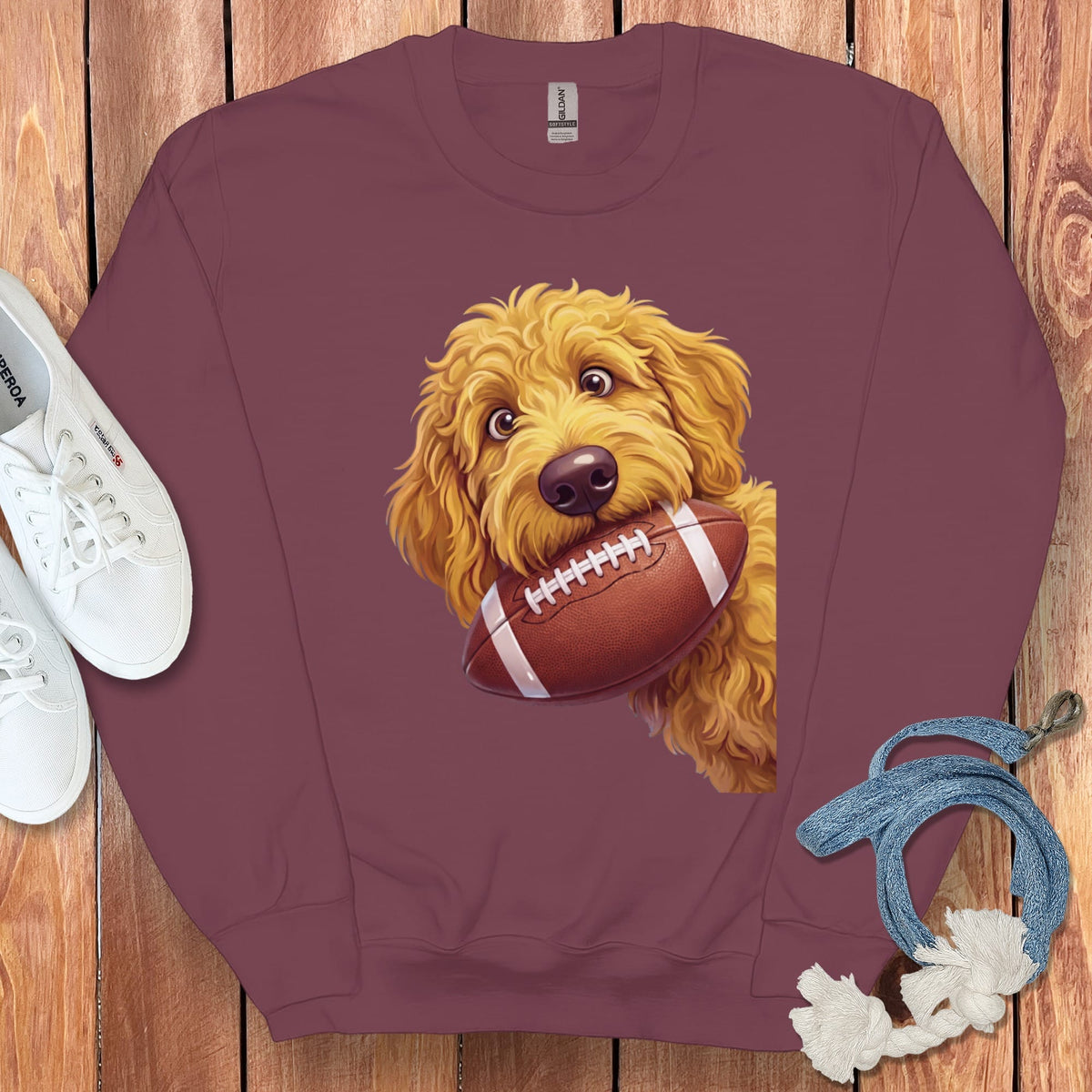 Golden Goldendoodle Football Sweatshirt in Maroon / S by Puppy Jo