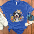 Floral Dog Design Blue Tee with Sneakers Display