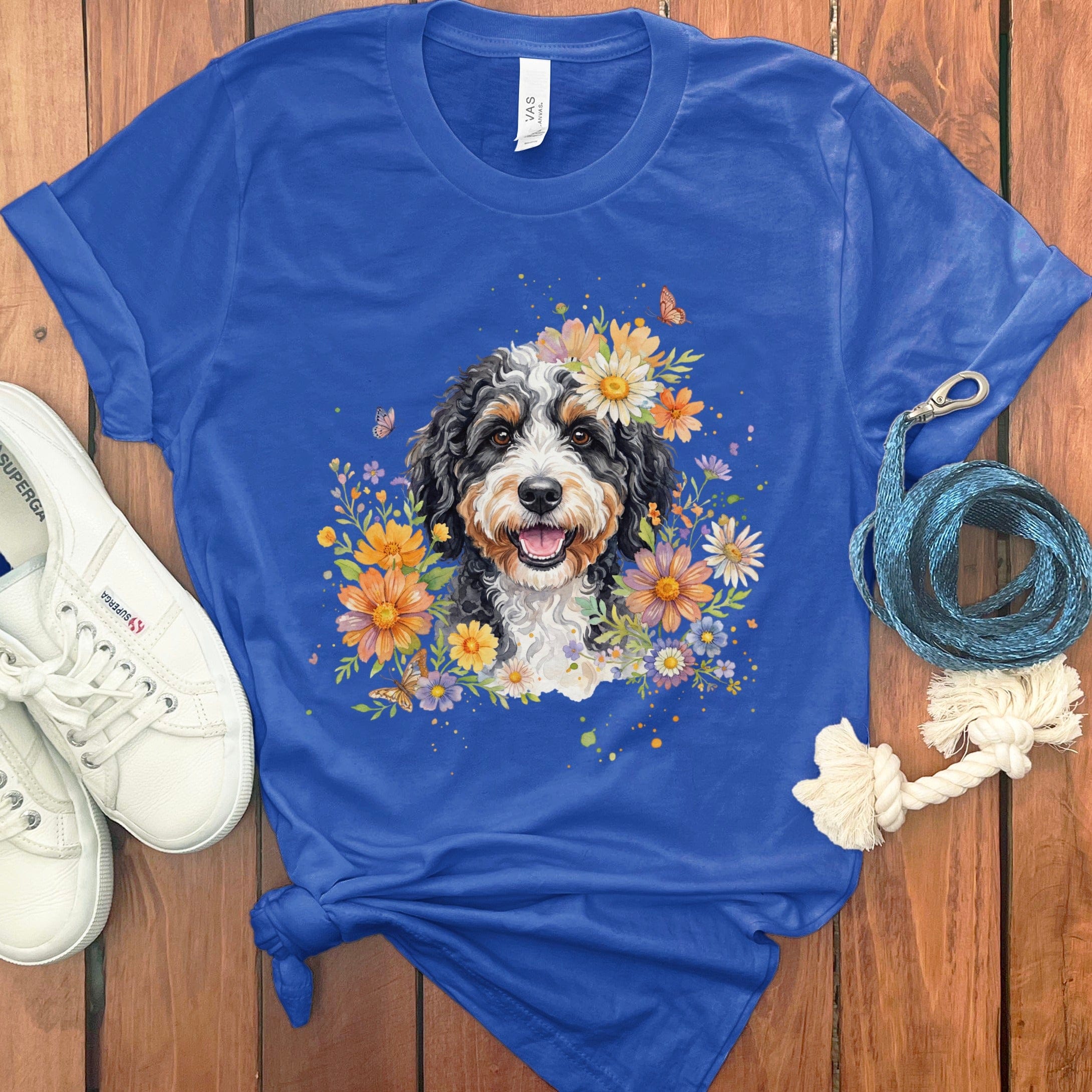 Floral Dog Design Blue Tee with Sneakers Display