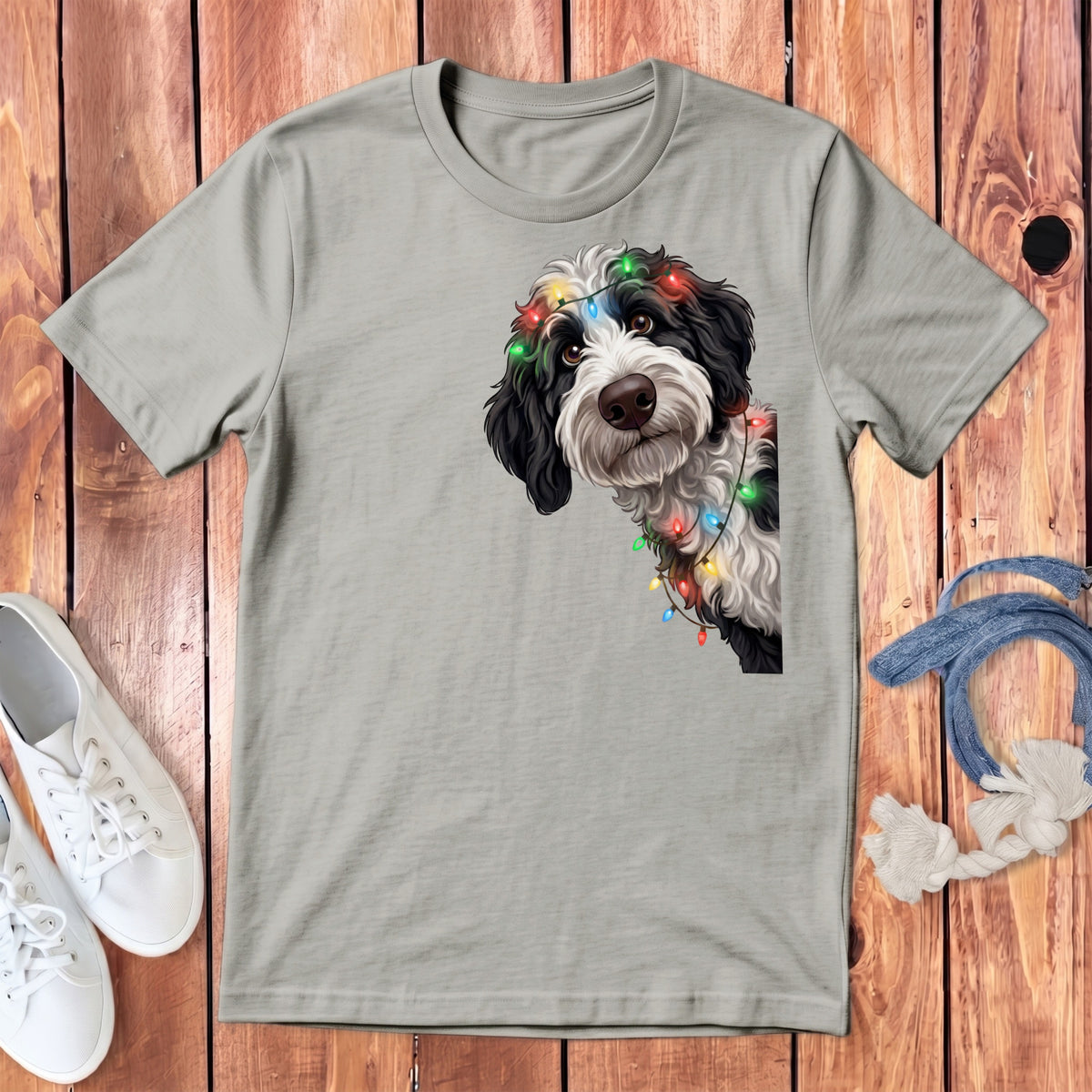 Light gray t-shirt with a black and white dog wearing colorful Christmas lights